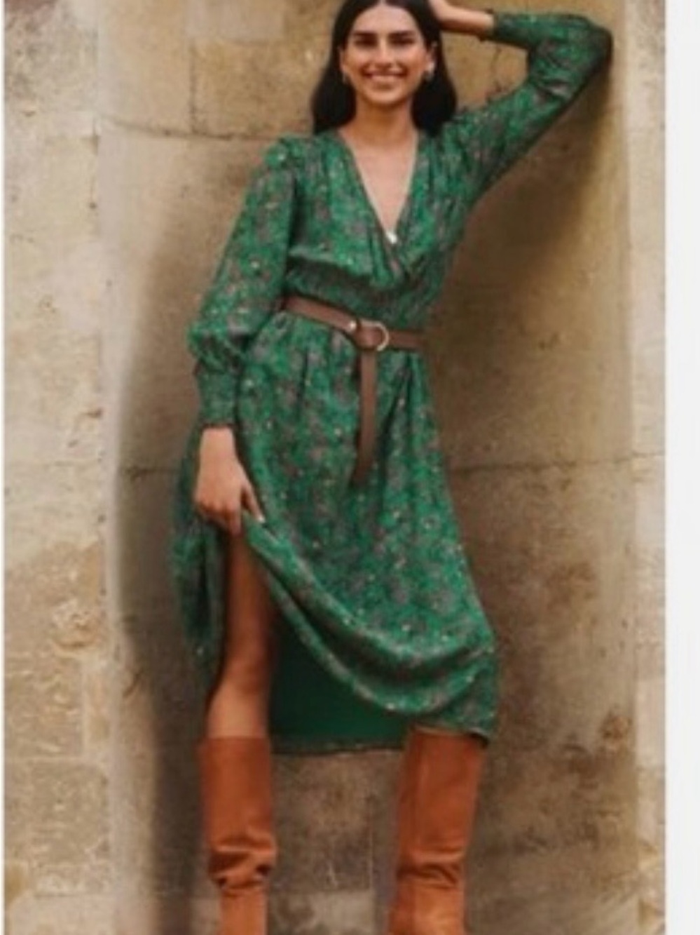Boden Green Floral V‑Neck Long‑Sleeve Midi Dress